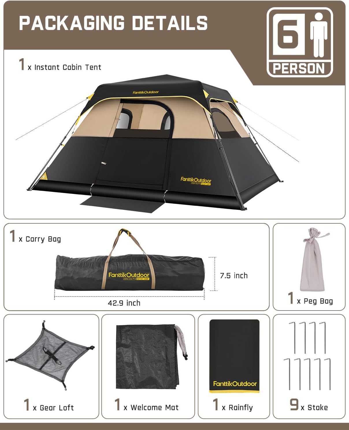 FanttikOutdoor Camping Tent 4/6/8/10 Person Instant Cabin Tent Setup in 60 Seconds with Rainfly & Windproof Portable with Carry Bag for Family Camping & Hiking - Image 7