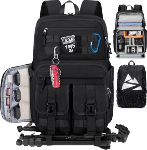 RAINSMORE Camera Bag Backpack for DSLR/SLR/Mirrorless Camera Bags for Photographers 15.6 Inch Waterproof Tactical Photography Case with Rain Cover & Tripod Holder, Black