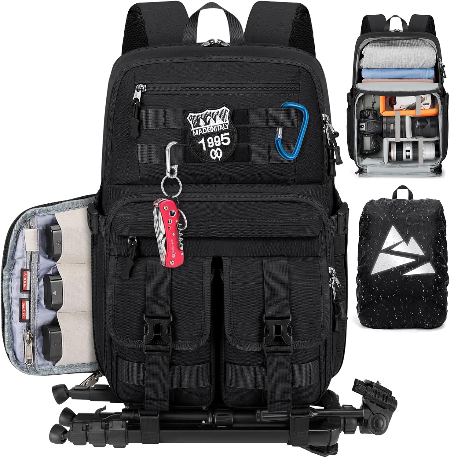 RAINSMORE Camera Bag Backpack for DSLR/SLR/Mirrorless Camera Bags for Photographers 15.6 Inch Waterproof Tactical Photography Case with Rain Cover & Tripod Holder, Black