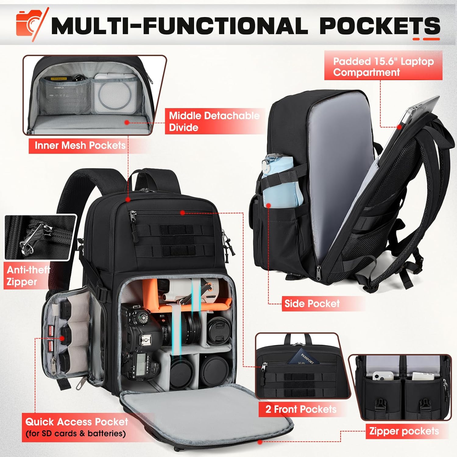 RAINSMORE Camera Bag Backpack for DSLR/SLR/Mirrorless Camera Bags for Photographers 15.6 Inch Waterproof Tactical Photography Case with Rain Cover & Tripod Holder, Black - Image 2