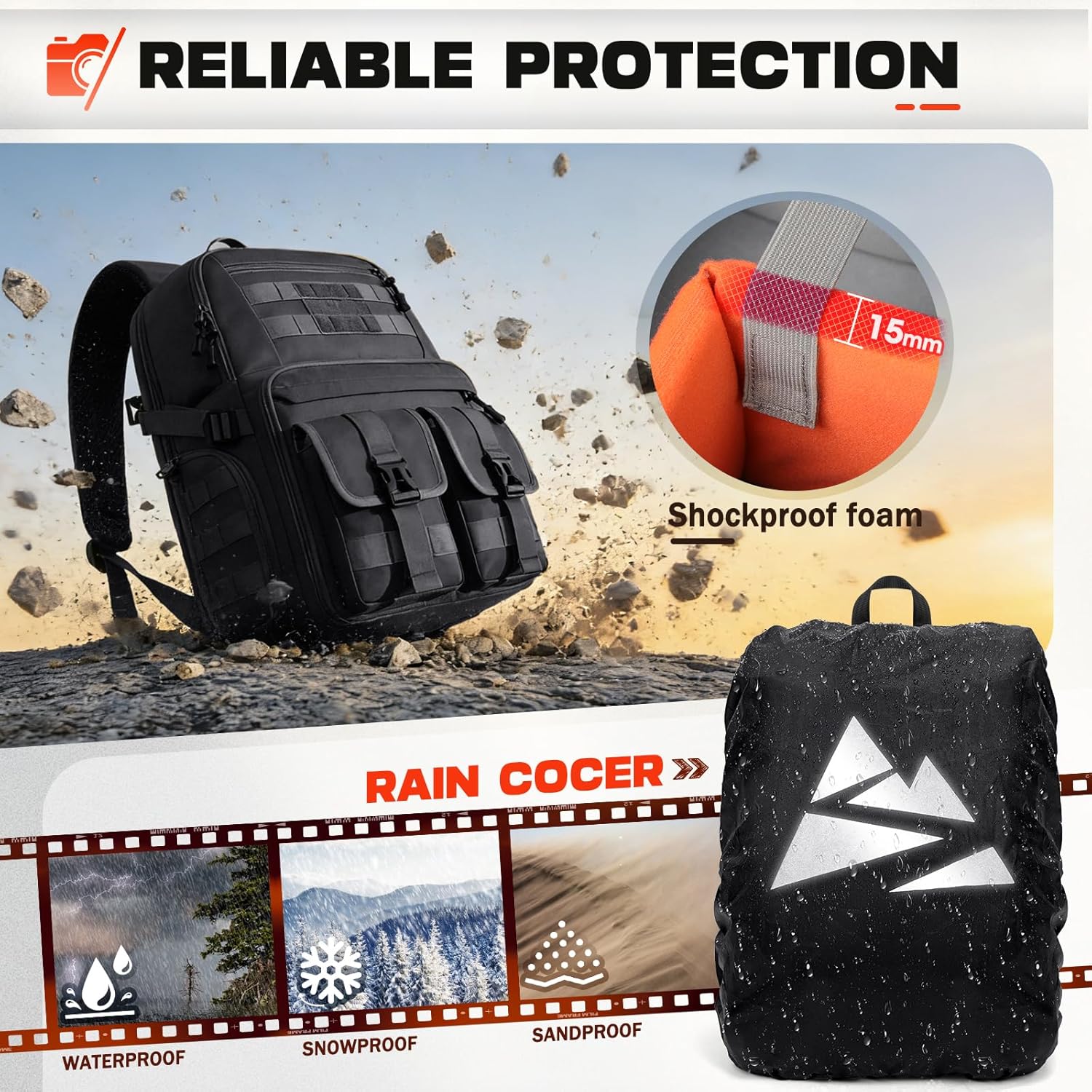 RAINSMORE Camera Bag Backpack for DSLR/SLR/Mirrorless Camera Bags for Photographers 15.6 Inch Waterproof Tactical Photography Case with Rain Cover & Tripod Holder, Black - Image 4