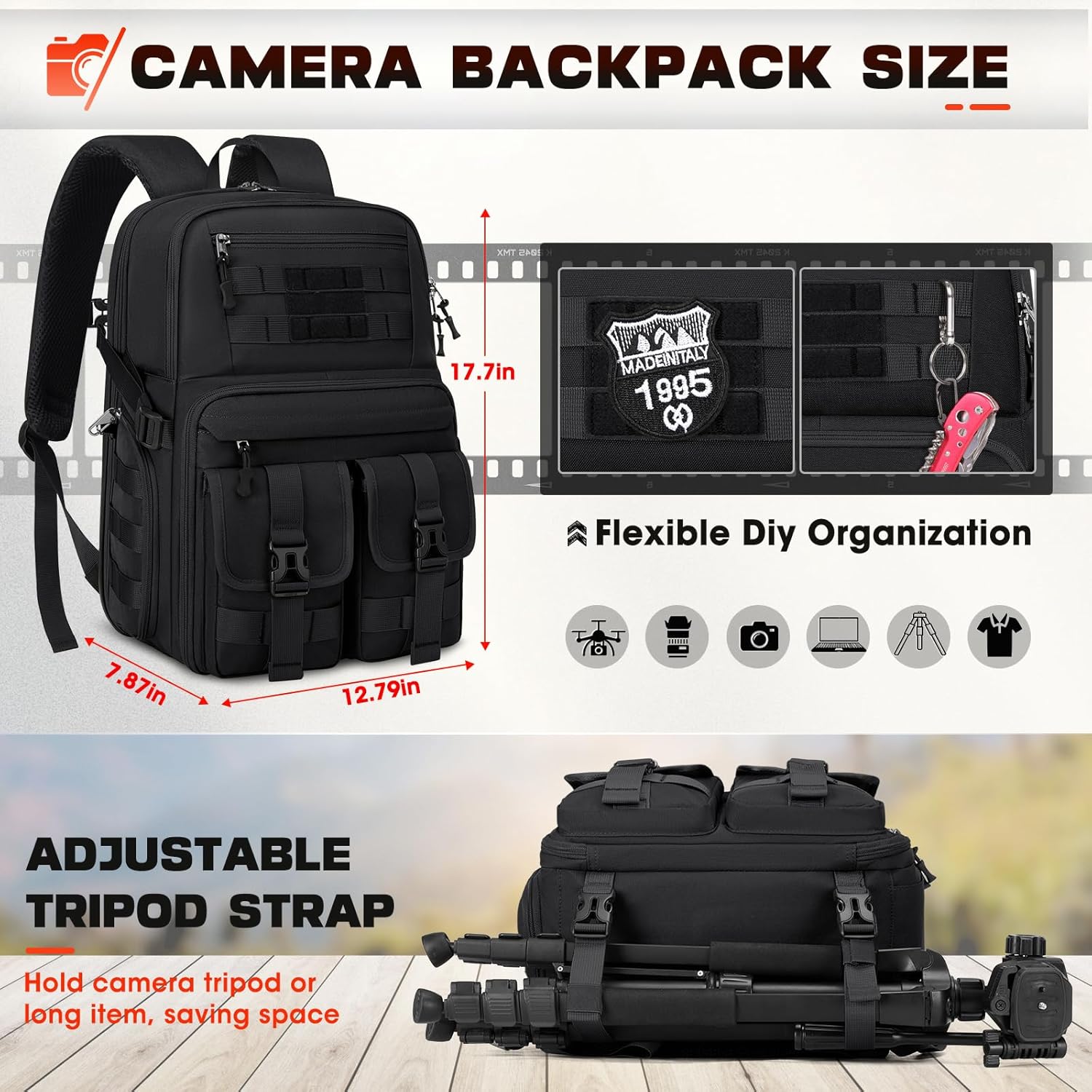 RAINSMORE Camera Bag Backpack for DSLR/SLR/Mirrorless Camera Bags for Photographers 15.6 Inch Waterproof Tactical Photography Case with Rain Cover & Tripod Holder, Black - Image 5