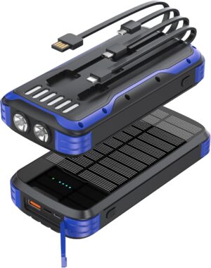 MINRISE Solar Charger Power Bank, 40000mAh Portable Charger PD 20W Fast Charging Solar Power Bank Built in 4 Cables and USB-C in/Output, Camping Essentials External Battery Pack with Flashlights