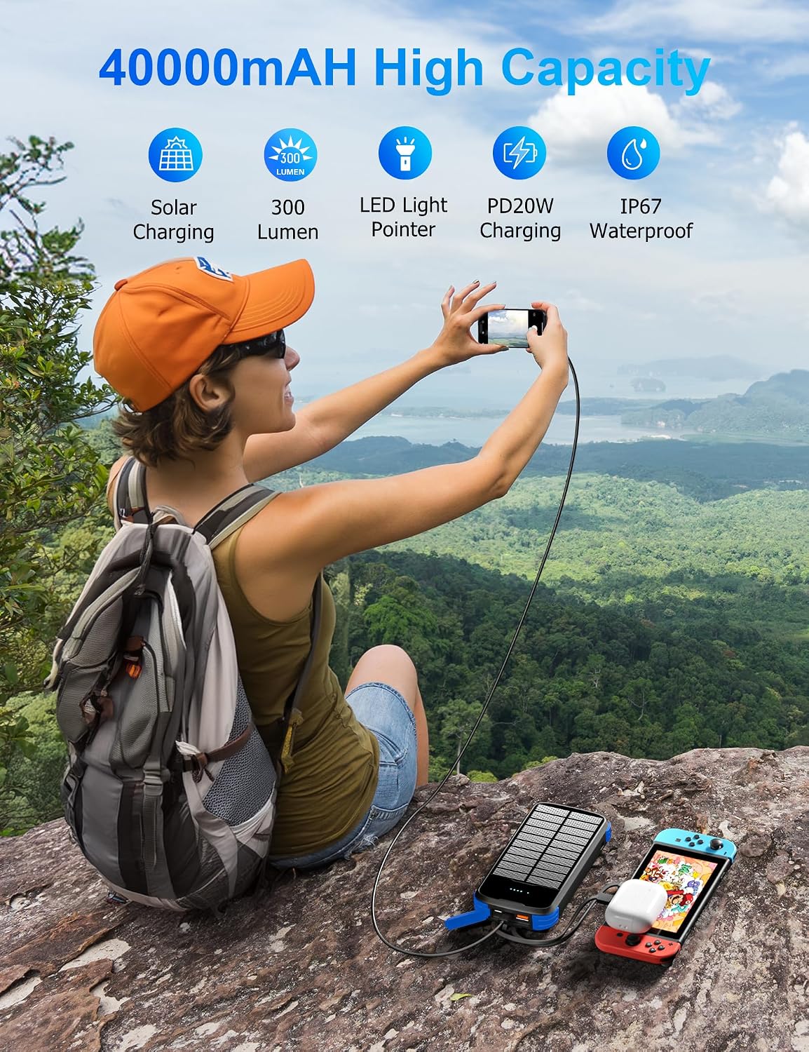 MINRISE Solar Charger Power Bank, 40000mAh Portable Charger PD 20W Fast Charging Solar Power Bank Built in 4 Cables and USB-C in/Output, Camping Essentials External Battery Pack with Flashlights - Image 2