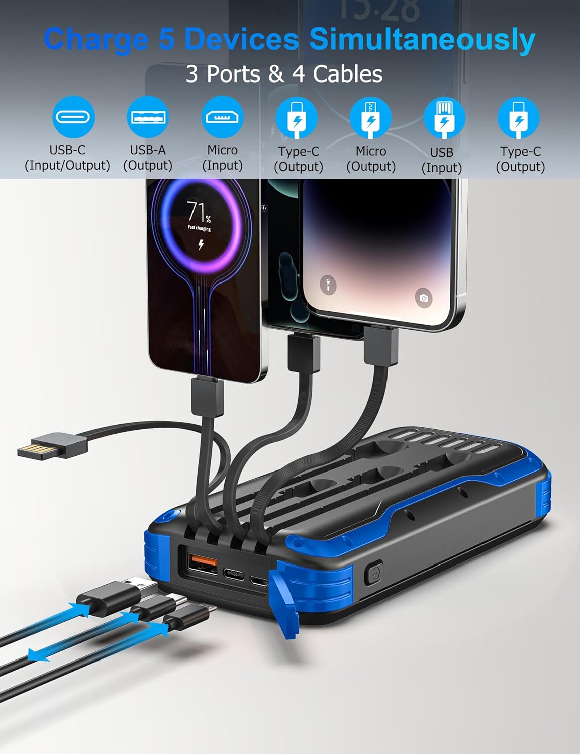MINRISE Solar Charger Power Bank, 40000mAh Portable Charger PD 20W Fast Charging Solar Power Bank Built in 4 Cables and USB-C in/Output, Camping Essentials External Battery Pack with Flashlights - Image 3