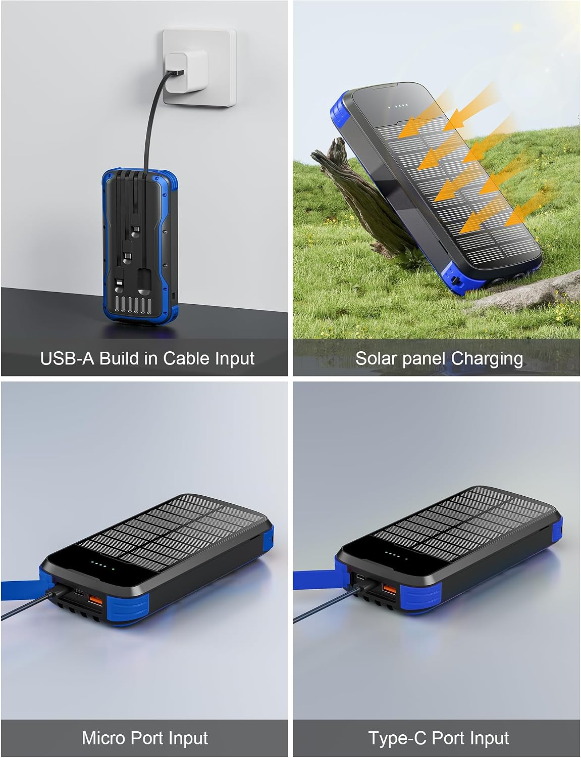 MINRISE Solar Charger Power Bank, 40000mAh Portable Charger PD 20W Fast Charging Solar Power Bank Built in 4 Cables and USB-C in/Output, Camping Essentials External Battery Pack with Flashlights - Image 4